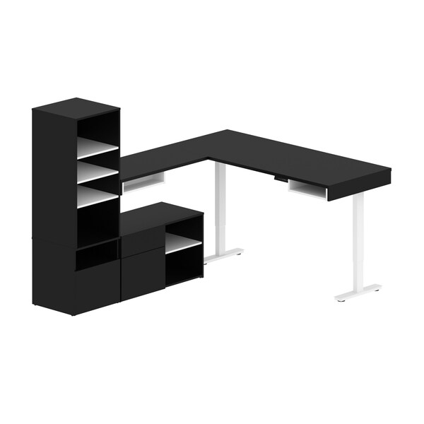 Bestar Viva 72W L-Shaped Standing Desk with Credenza and Shelving Unit in black